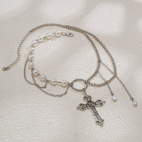 Thumbnail for Baroque Layered Floral Cross Pendant Pearl Chain Choker Necklace - ArtGalleryZen