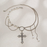 Thumbnail for Baroque Layered Floral Cross Pendant Pearl Chain Choker Necklace - ArtGalleryZen