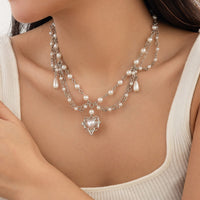 Thumbnail for Baroque Layered Floral Heart Pendant Pearl Chain Necklace - ArtGalleryZen