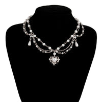 Thumbnail for Baroque Layered Floral Heart Pendant Pearl Chain Necklace - ArtGalleryZen