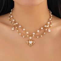 Thumbnail for Baroque Layered Floral Heart Pendant Pearl Chain Necklace - ArtGalleryZen