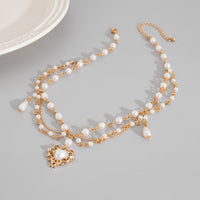 Thumbnail for Baroque Layered Floral Heart Pendant Pearl Chain Necklace - ArtGalleryZen
