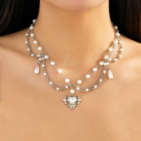 Thumbnail for Baroque Layered Floral Heart Pendant Pearl Chain Necklace - ArtGalleryZen