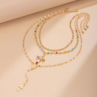 Thumbnail for Baroque Layered Gold Silver Tone Cross Pendant Crystal Chain Y Necklace Set - ArtGalleryZen