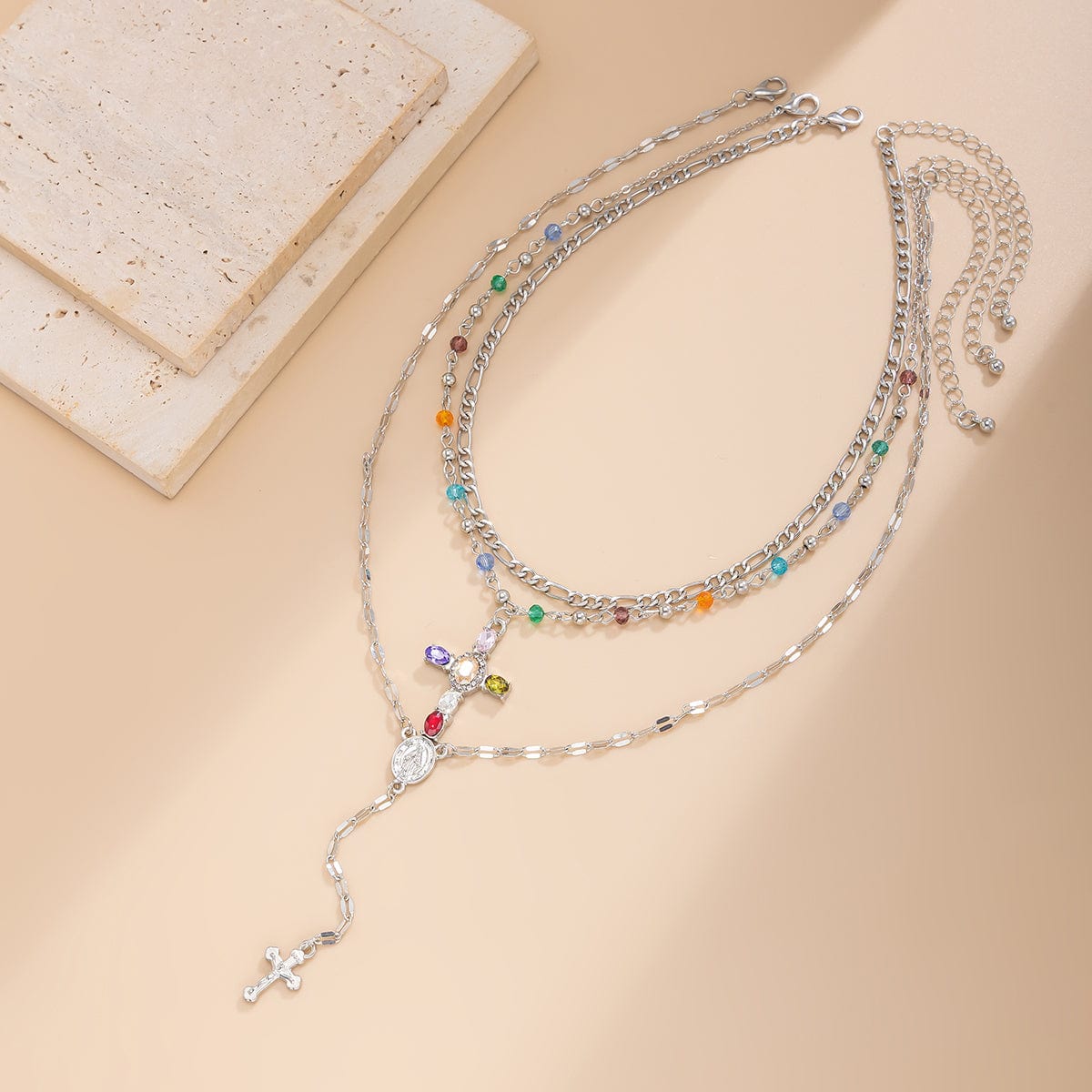 Baroque Layered Gold Silver Tone Cross Pendant Crystal Chain Y Necklace Set - ArtGalleryZen