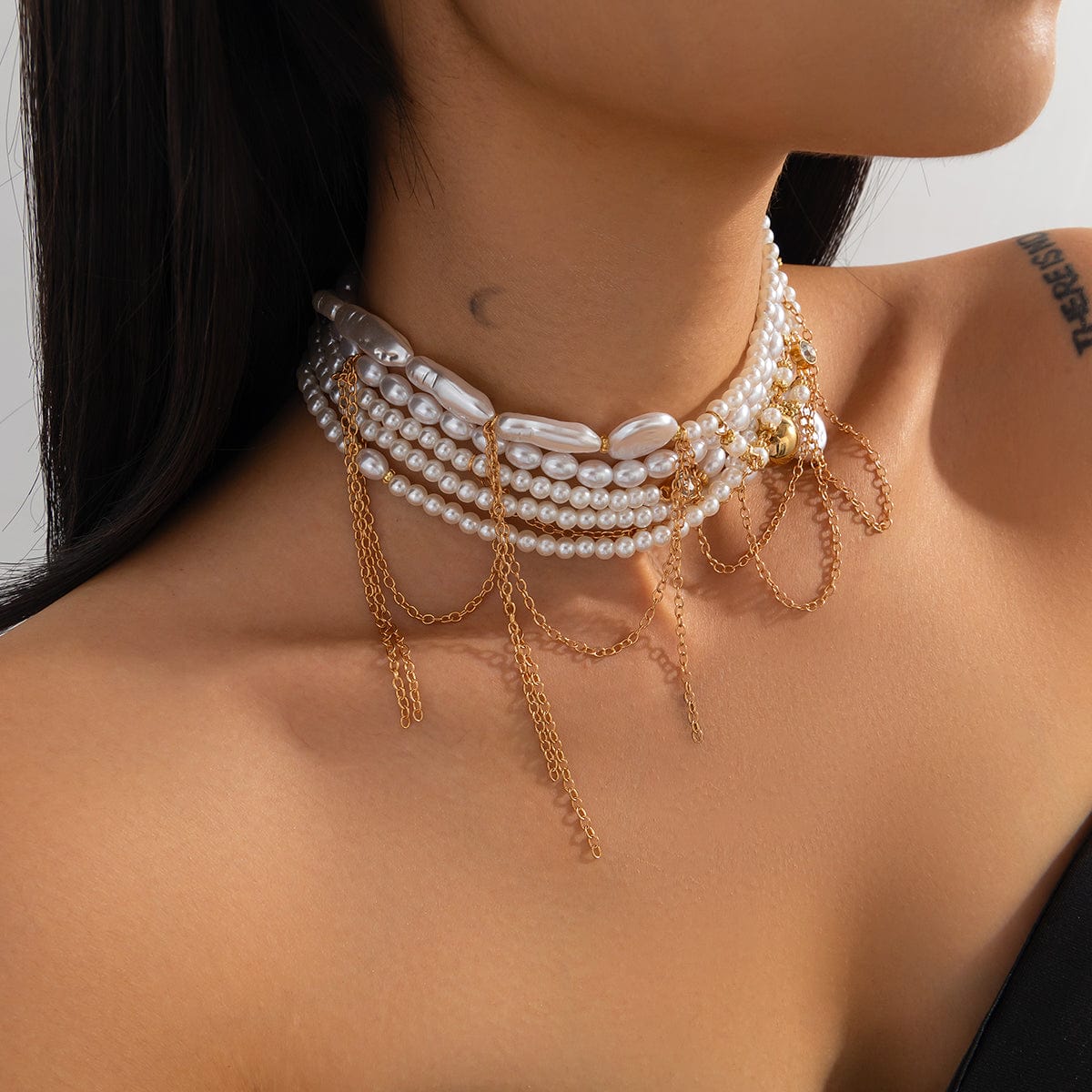 Baroque Layered Gold Tone Pearl Chain Tassel Choker Necklace - ArtGalleryZen