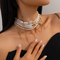 Thumbnail for Baroque Layered Gold Tone Pearl Chain Tassel Choker Necklace - ArtGalleryZen
