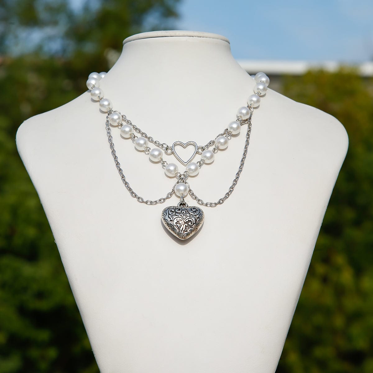 Baroque Layered Pattern Heart Pendant Pearl Chain Necklace - ArtGalleryZen