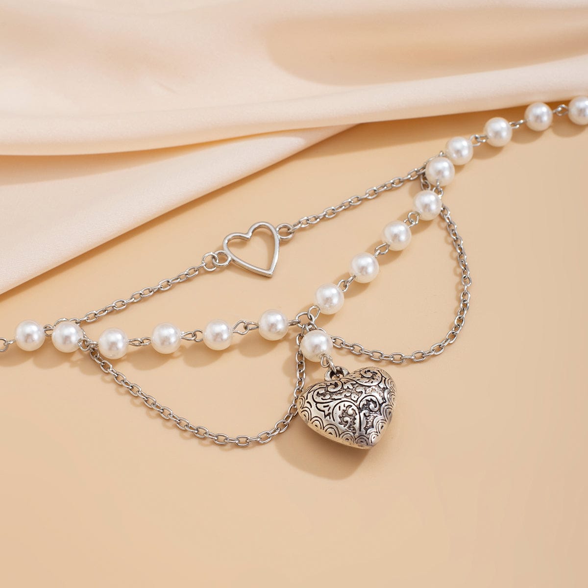Baroque Layered Pattern Heart Pendant Pearl Chain Necklace - ArtGalleryZen