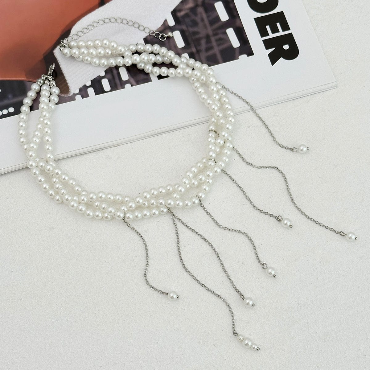 Baroque Layered Pearl Chain Tassel Choker Necklace - ArtGalleryZen
