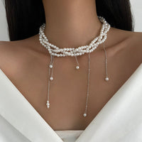 Thumbnail for Baroque Layered Pearl Chain Tassel Choker Necklace - ArtGalleryZen