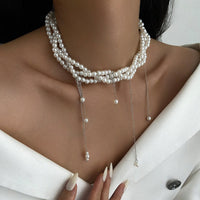 Thumbnail for Baroque Layered Pearl Chain Tassel Choker Necklace - ArtGalleryZen