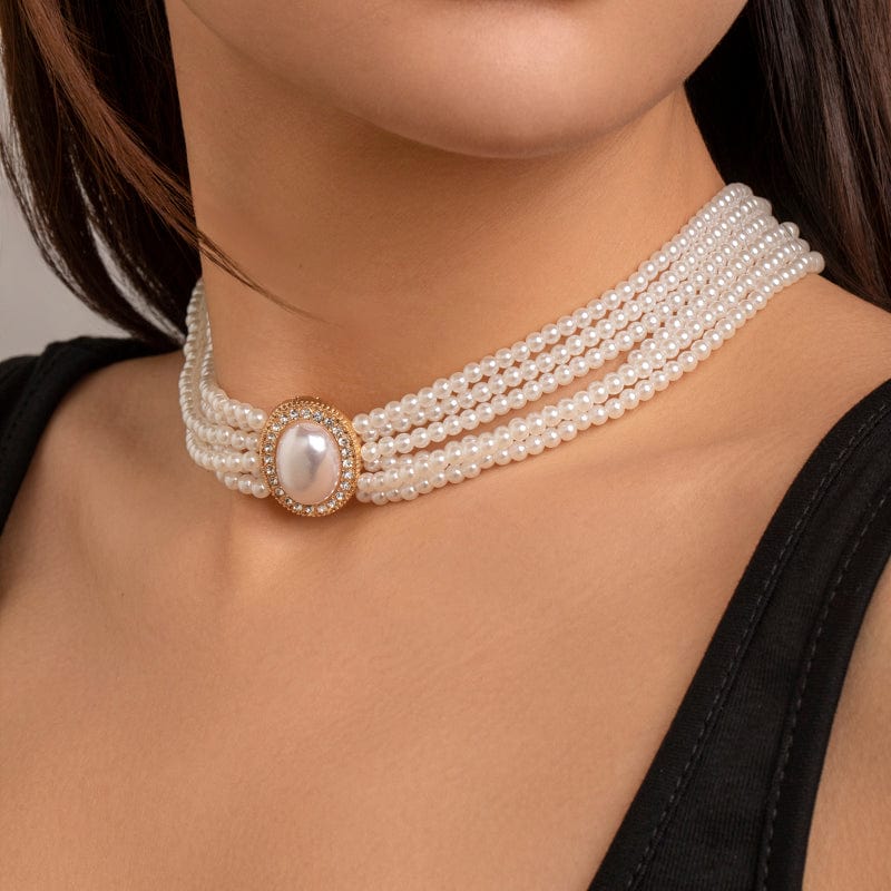 Baroque Layered Rhinestone Inlaid Crystal Pearl Chain Necklace - ArtGalleryZen