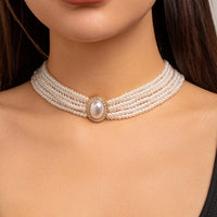 Thumbnail for Baroque Layered Rhinestone Inlaid Crystal Pearl Chain Necklace - ArtGalleryZen