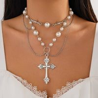 Thumbnail for Baroque Layered Silver Plated Cross Pendant Pearl Chain Necklace - ArtGalleryZen