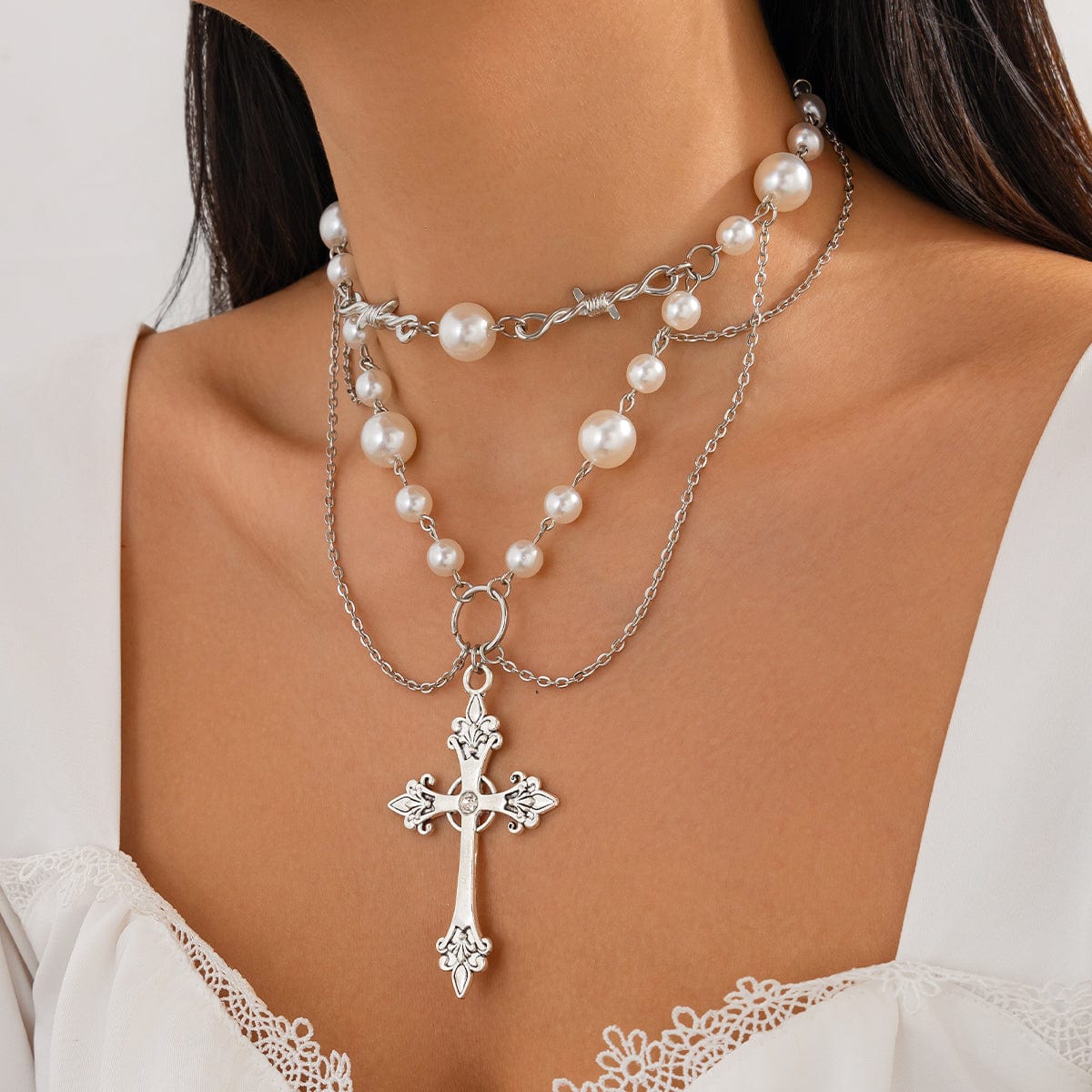 Baroque Layered Silver Plated Cross Pendant Pearl Chain Necklace - ArtGalleryZen