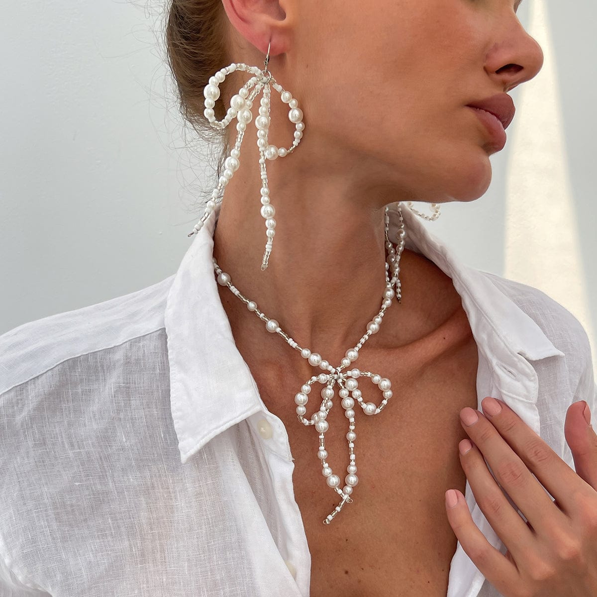 Baroque Pearl Seed Beaded Bowknot Necklace Earrings Set - ArtGalleryZen