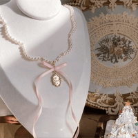 Thumbnail for Baroque Pink Ribbon Bowknot Relief Pendant Pearl Necklace - ArtGalleryZen