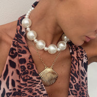 Thumbnail for Beach Style 2pcs Chunky Shell Pendant Pearl Chain Necklace Set - ArtGalleryZen