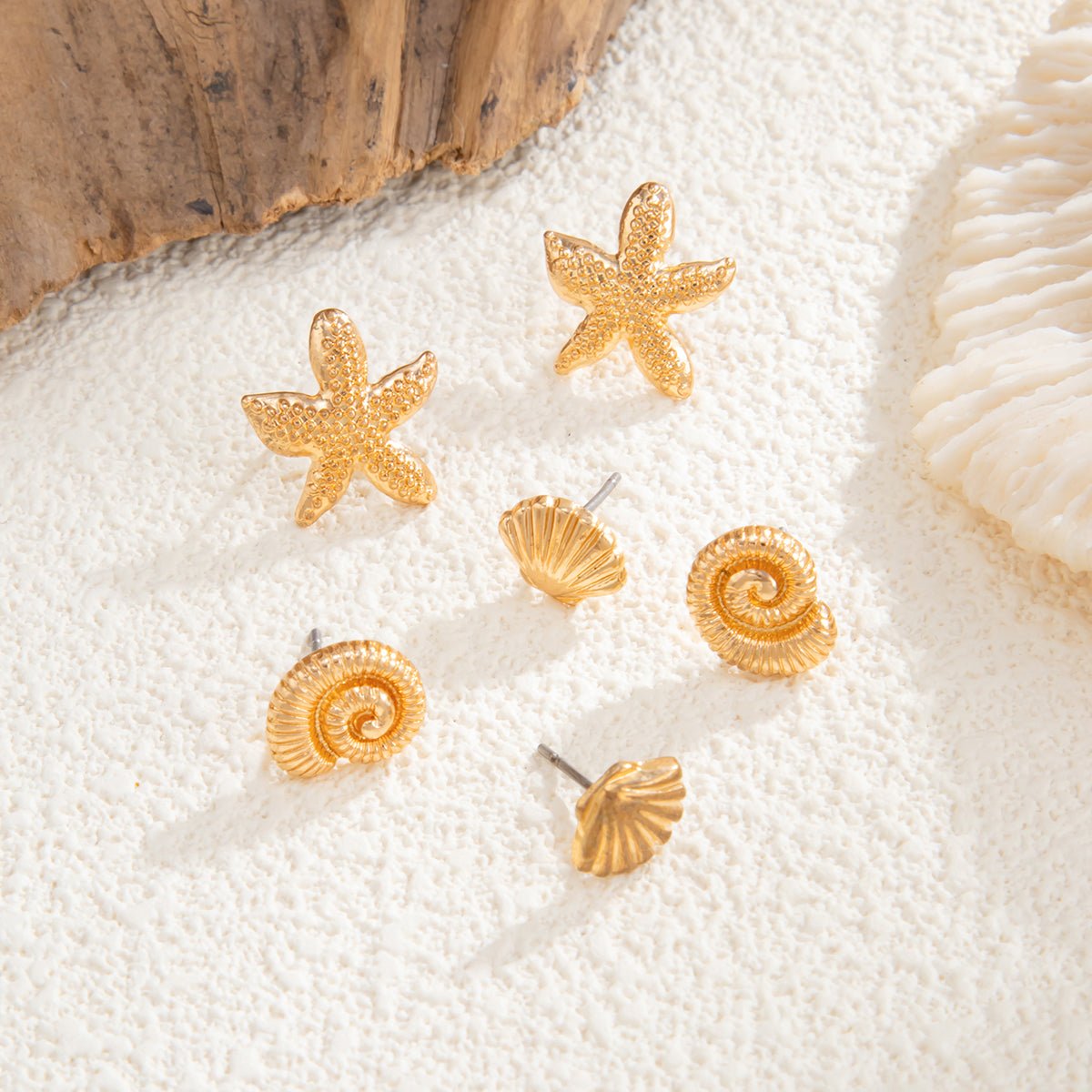 Beach Style 3 Pairs Conch Shell Starfish Earrings Set - ArtGalleryZen