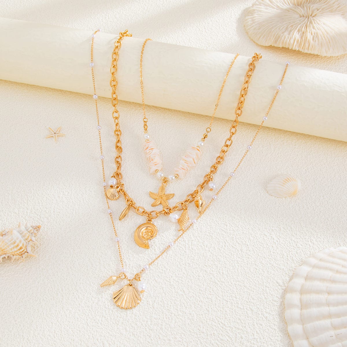 Beach Style 3pcs Conch Shell Starfish Pendant Pearl Chain Necklace Set - ArtGalleryZen