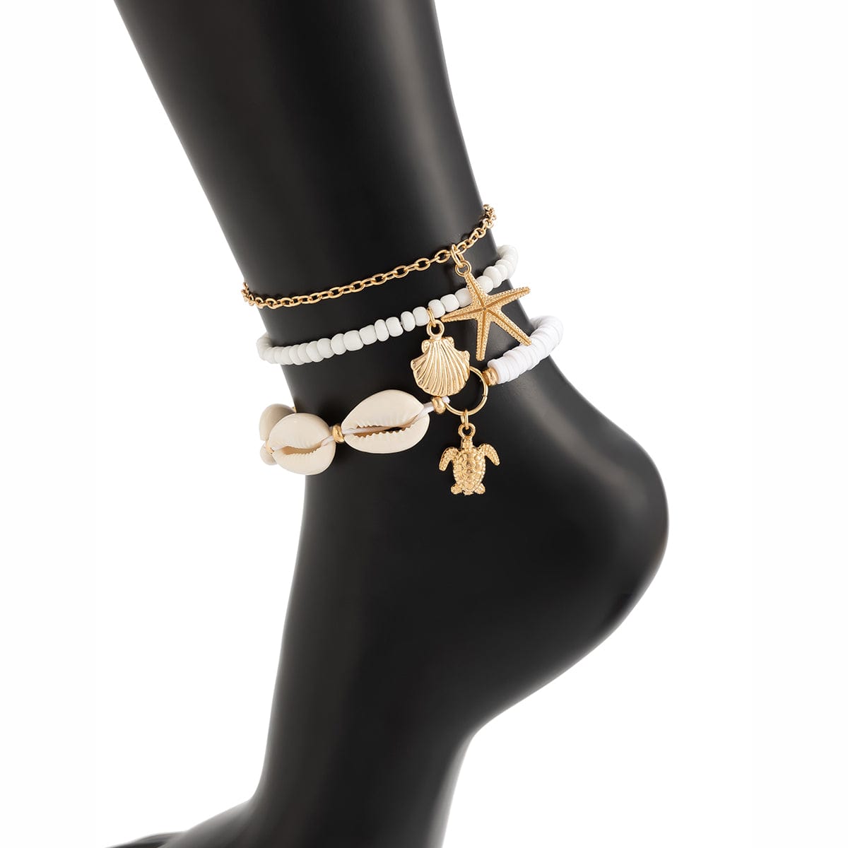 Beach Style 3Pcs Conch Starfish Turtle Charm Seed Bead Anklet Set - ArtGalleryZen