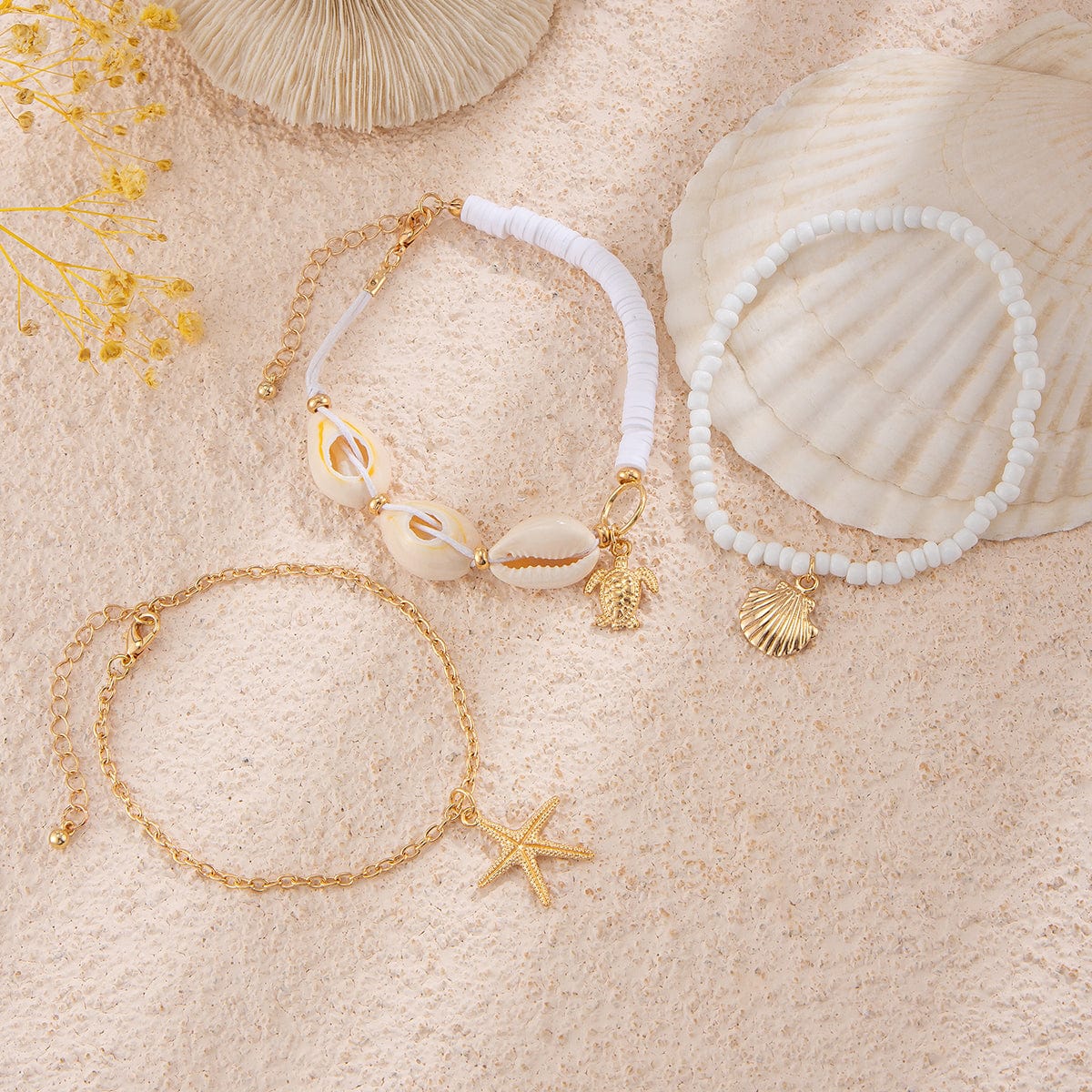 Beach Style 3Pcs Conch Starfish Turtle Charm Seed Bead Anklet Set - ArtGalleryZen