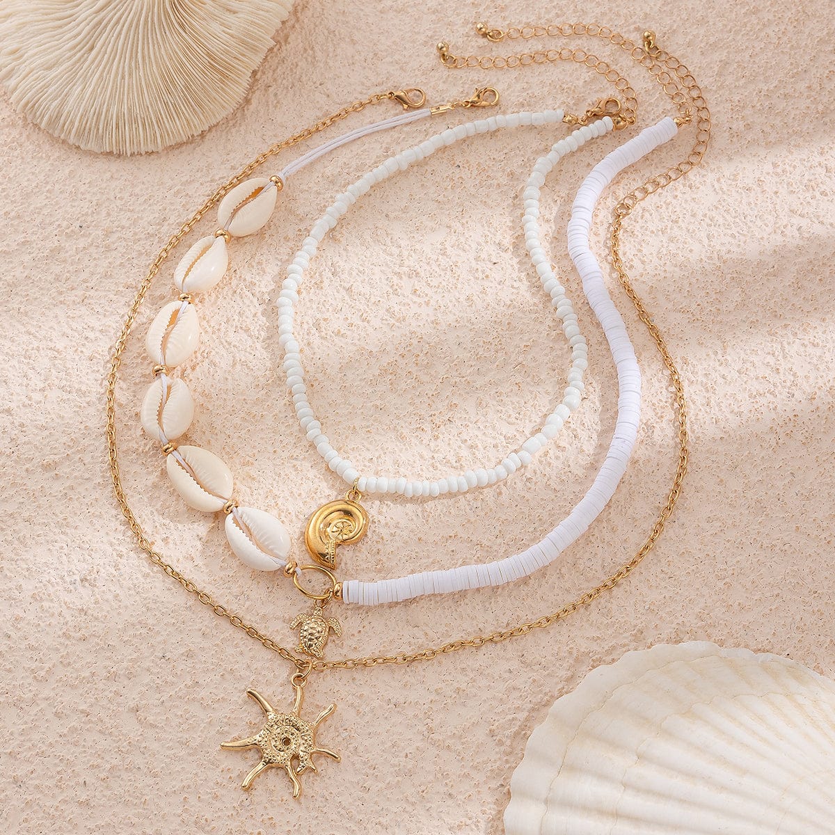 Beach Style 3Pcs Conch Starfish Turtle Pendant Seed Bead Necklace Set - ArtGalleryZen