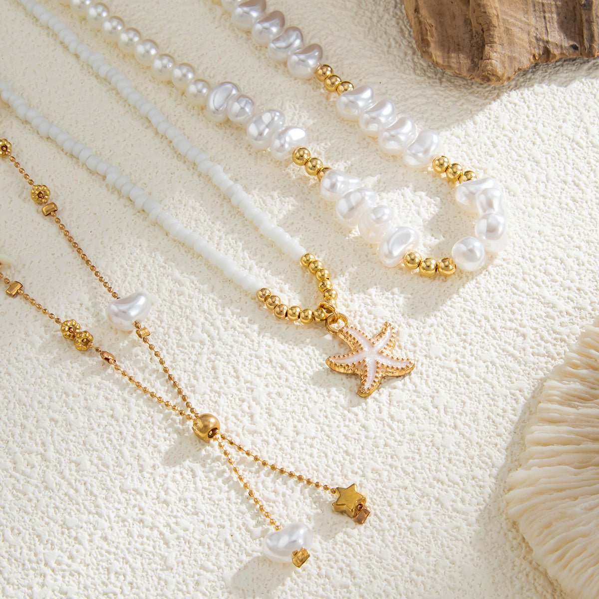 Beach Style 3pcs Enamel Starfish Charm Pearl Seed Beaded Chain Necklace Set - ArtGalleryZen