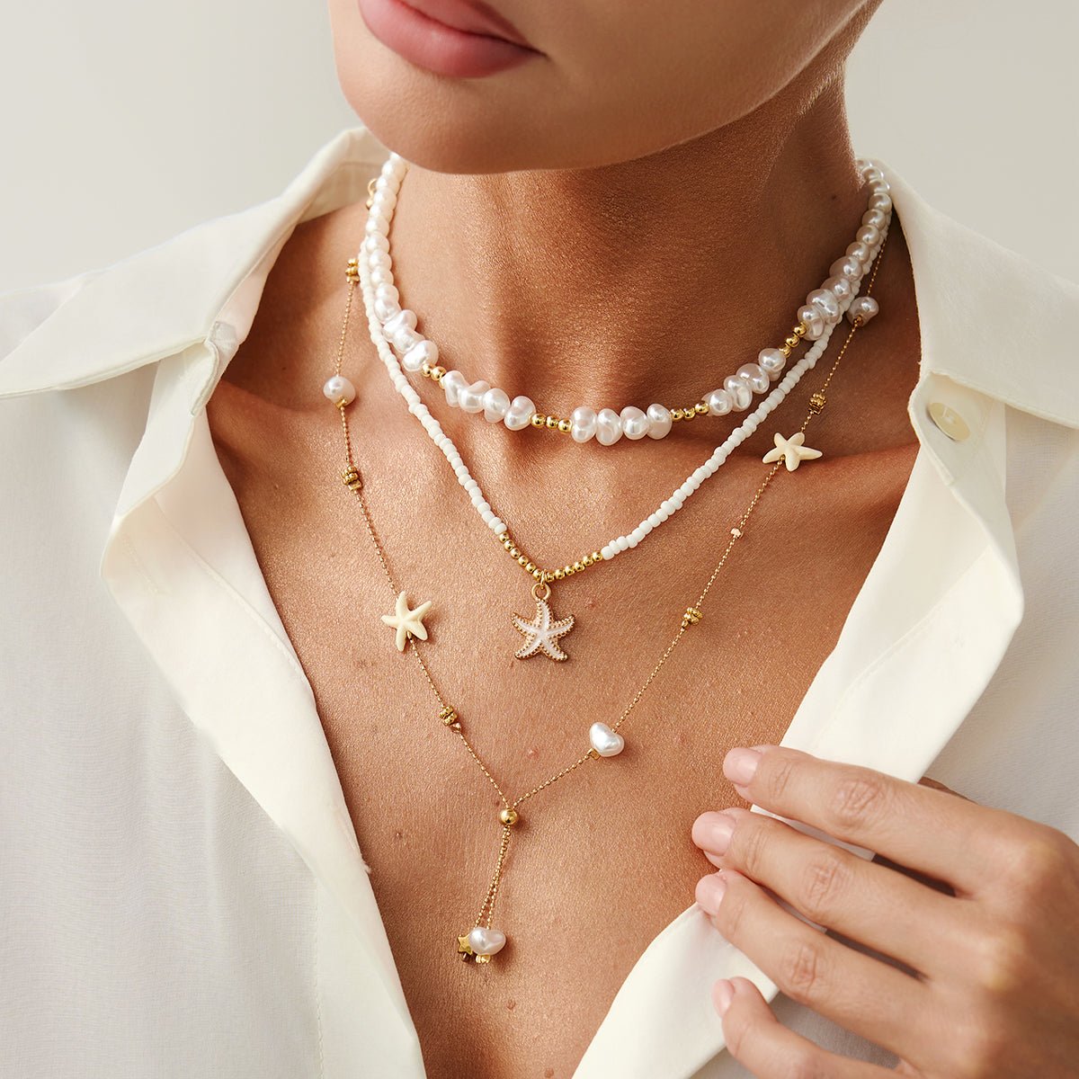Beach Style 3pcs Enamel Starfish Charm Pearl Seed Beaded Chain Necklace Set - ArtGalleryZen