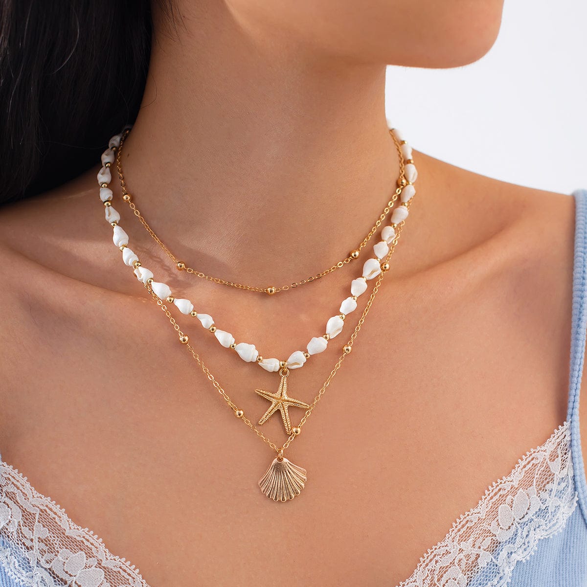 Beach Style 3pcs Shell Starfish Pendant Conch Chain Necklace Set - ArtGalleryZen