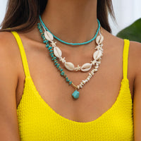 Thumbnail for Beach Style 3pcs Turquoise Charm Conch Starfish Seed Beaded Chain Necklace Set - ArtGalleryZen