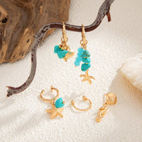 Thumbnail for Beach Style 5 Pcs Dangling Turquoise Shell Starfish Seahorse Huggie Hoop Earrings Set - ArtGalleryZen