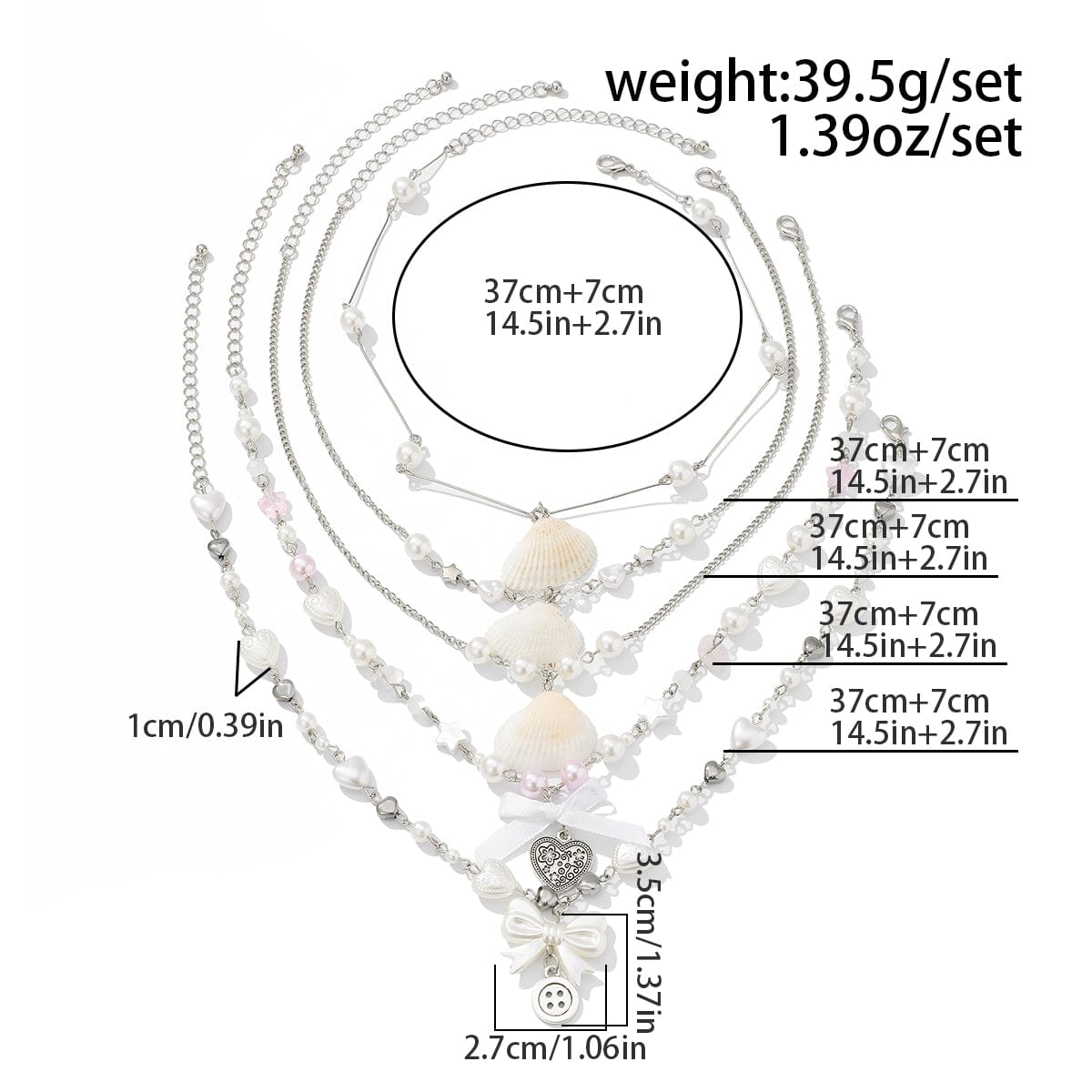 Beach Style 5pcs Natural Shell Bowknot Heart Pendant Pearl Chain Necklace Set - ArtGalleryZen