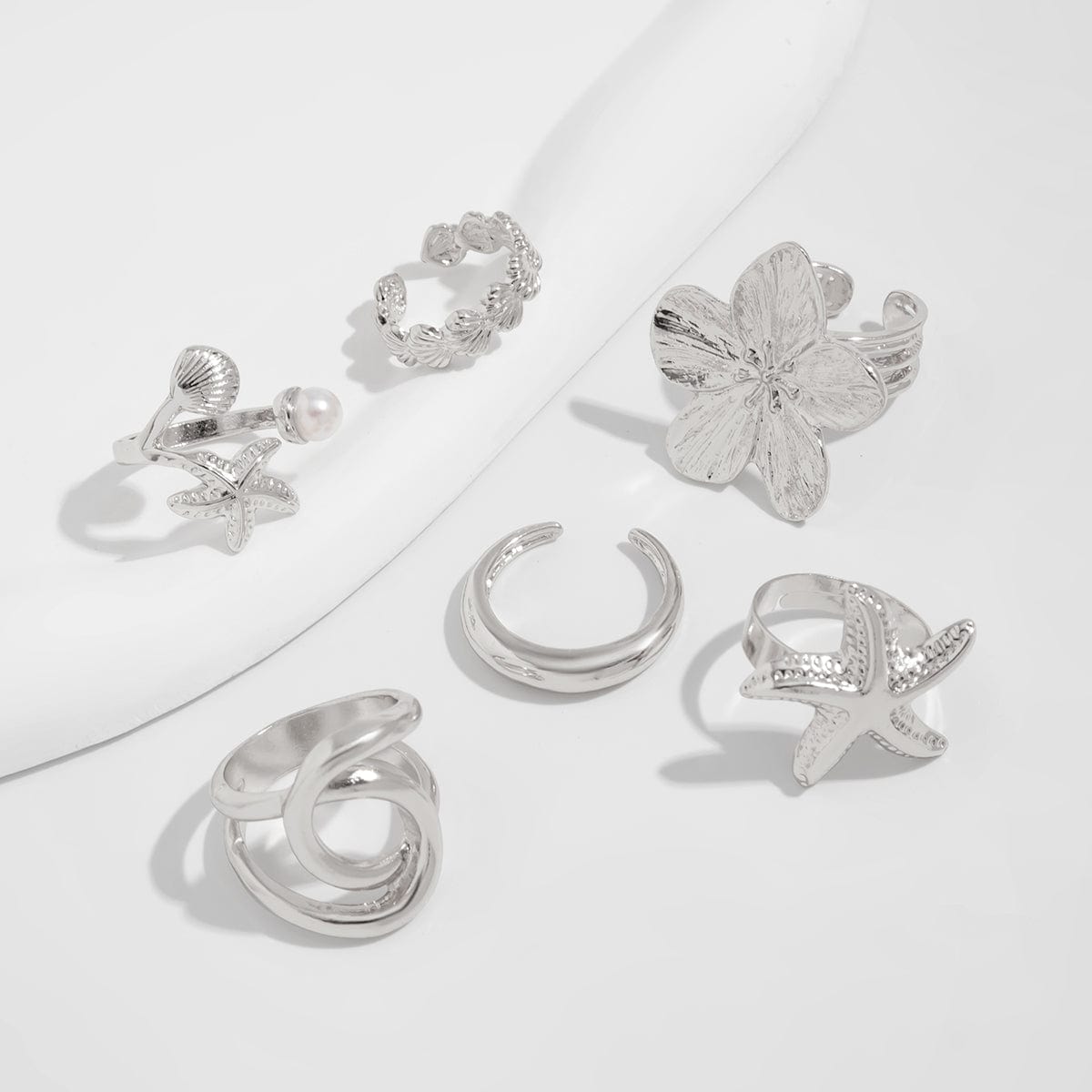 Beach Style 6pcs Flower Starfish Shell Pearl Ring Set - ArtGalleryZen