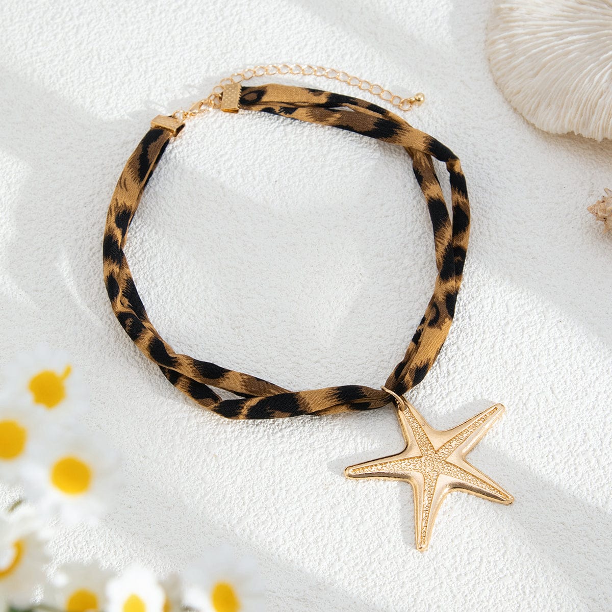 Beach Style Conch Starfish Flower Pendant Leopard Choker Necklace - ArtGalleryZen