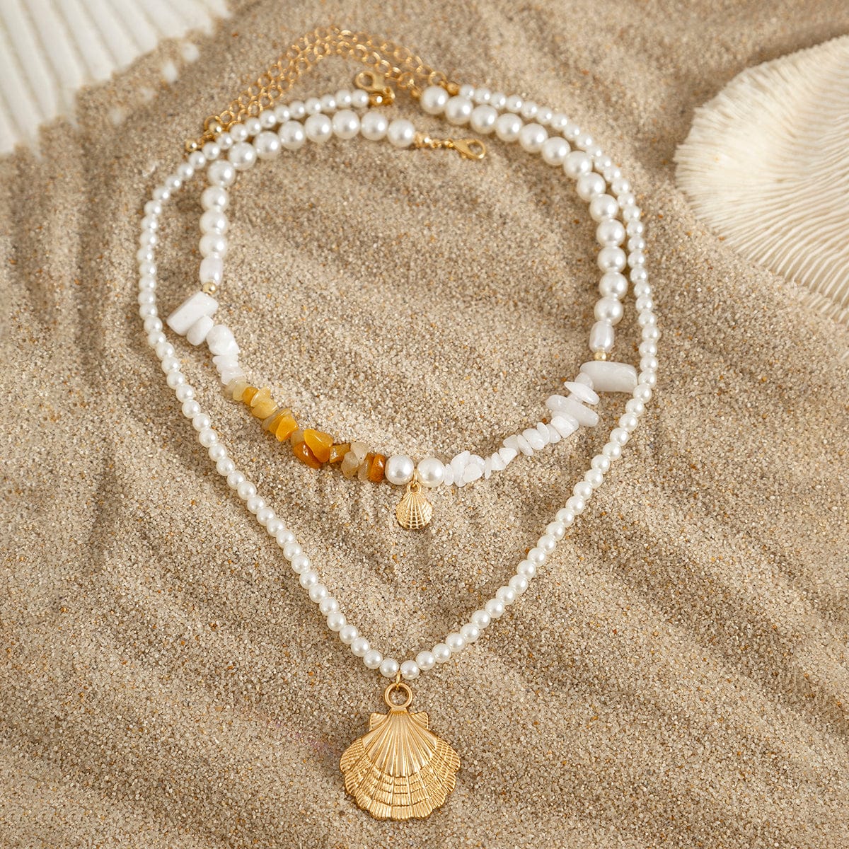 Beach Style Layered Shell Pendant Turquoise Stone Pearl Chain Necklace Set - ArtGalleryZen