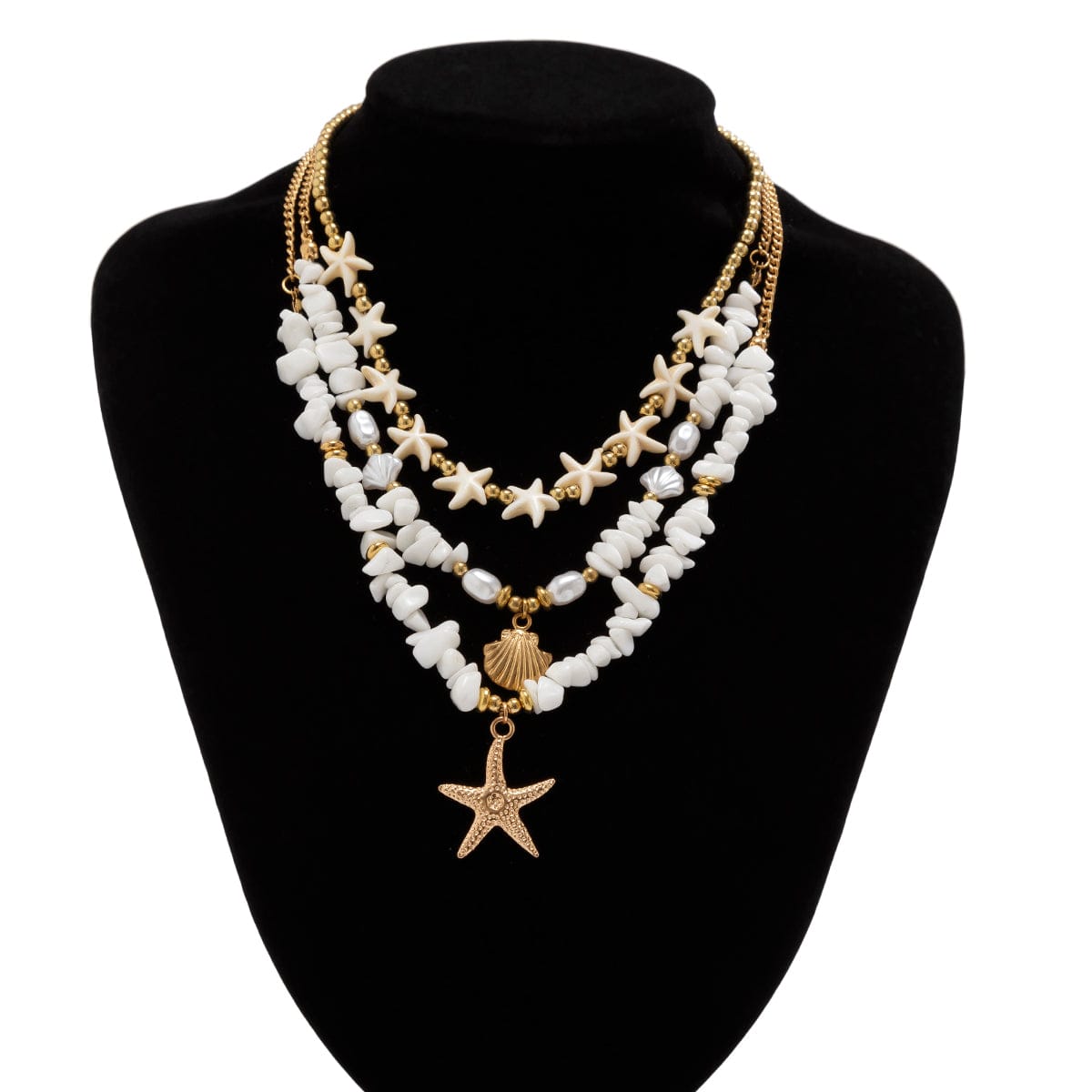 Beach Style Layered Shell Starfish Pendant Turquoise Stone Chain Necklace Set - ArtGalleryZen