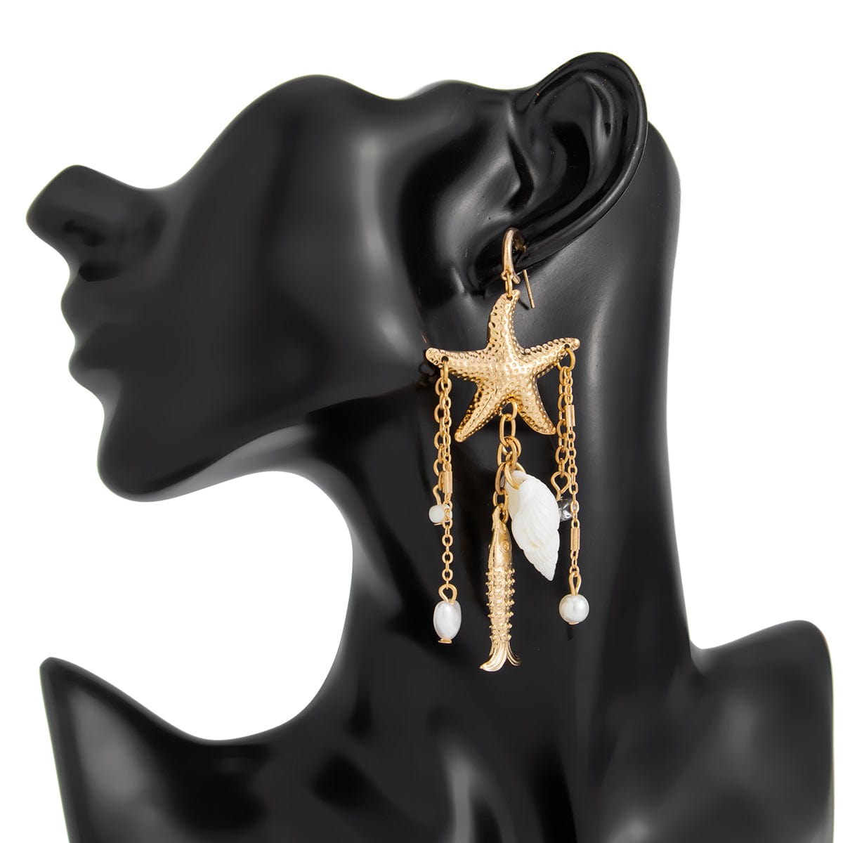 Beach Style Pearl Starfish Conch Goldfish Tassel Earrings - ArtGalleryZen