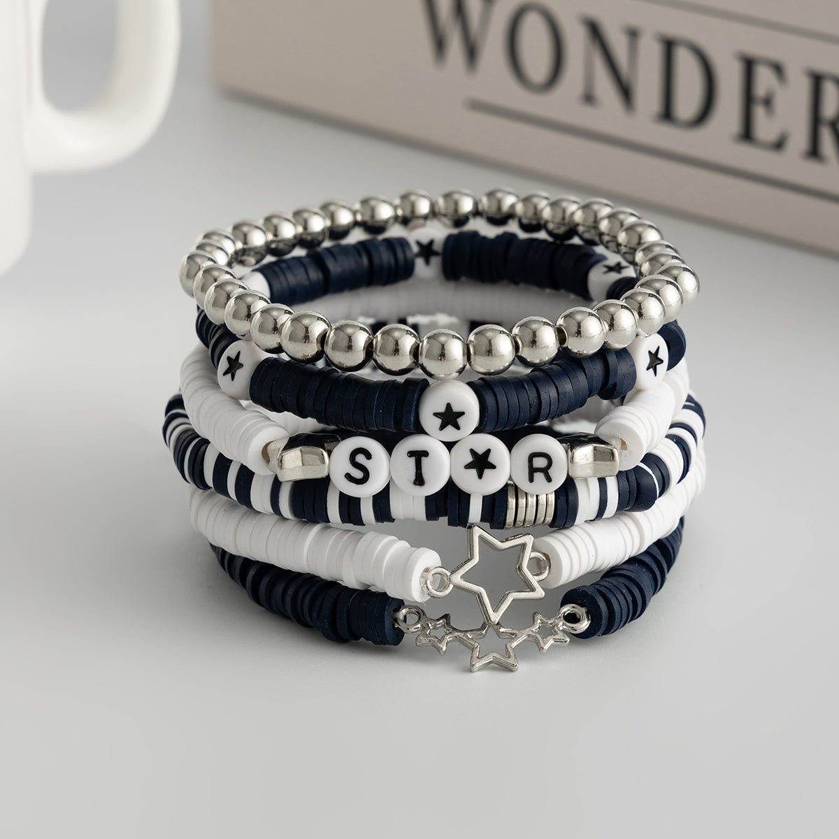 Black White Polymer Clay Beaded Bracelet Set Star Letter Charm - ArtGalleryZen