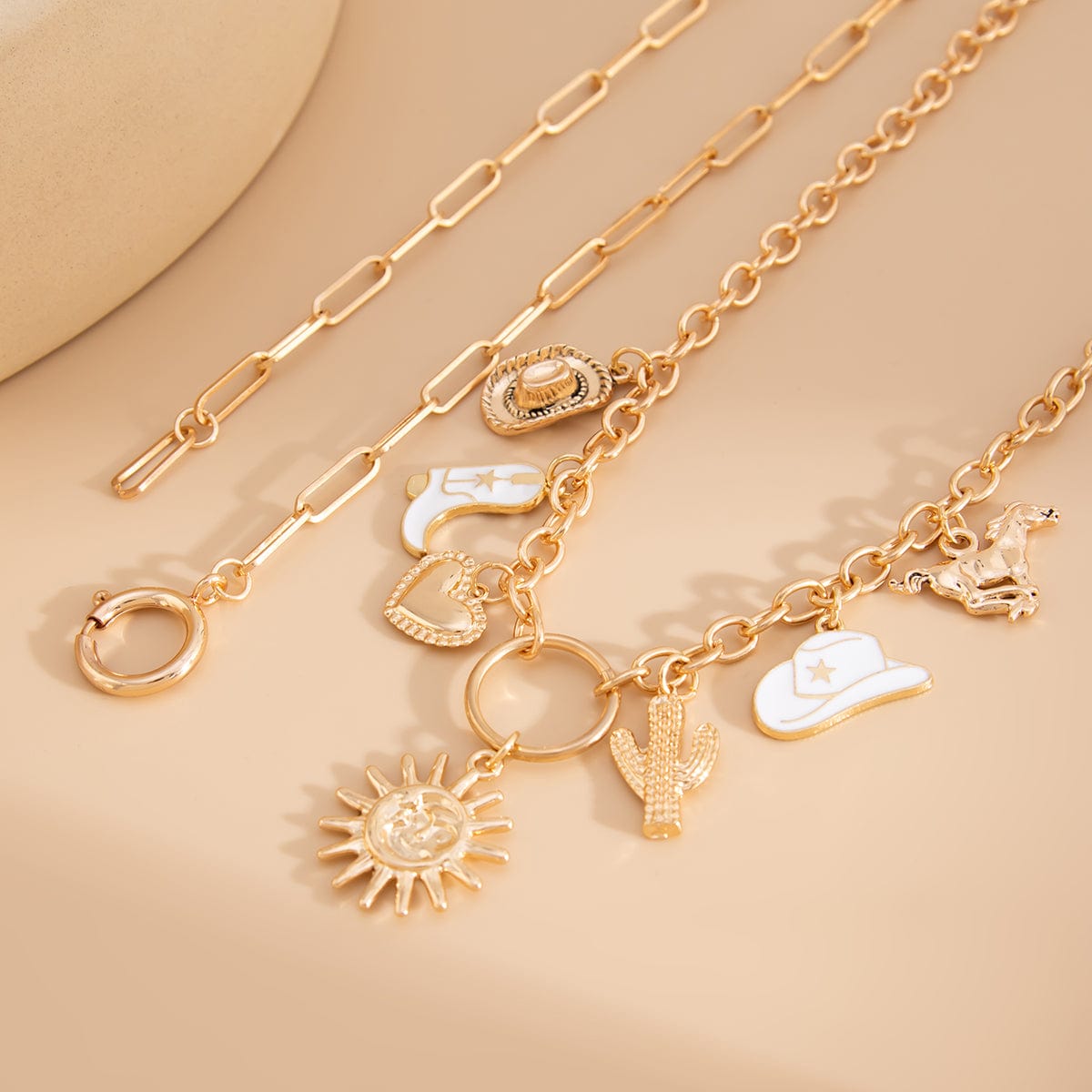 Bohemia 2pcs Gold Tone Sun Enamel Boot Cowboy Hat Charm Necklace Set - ArtGalleryZen