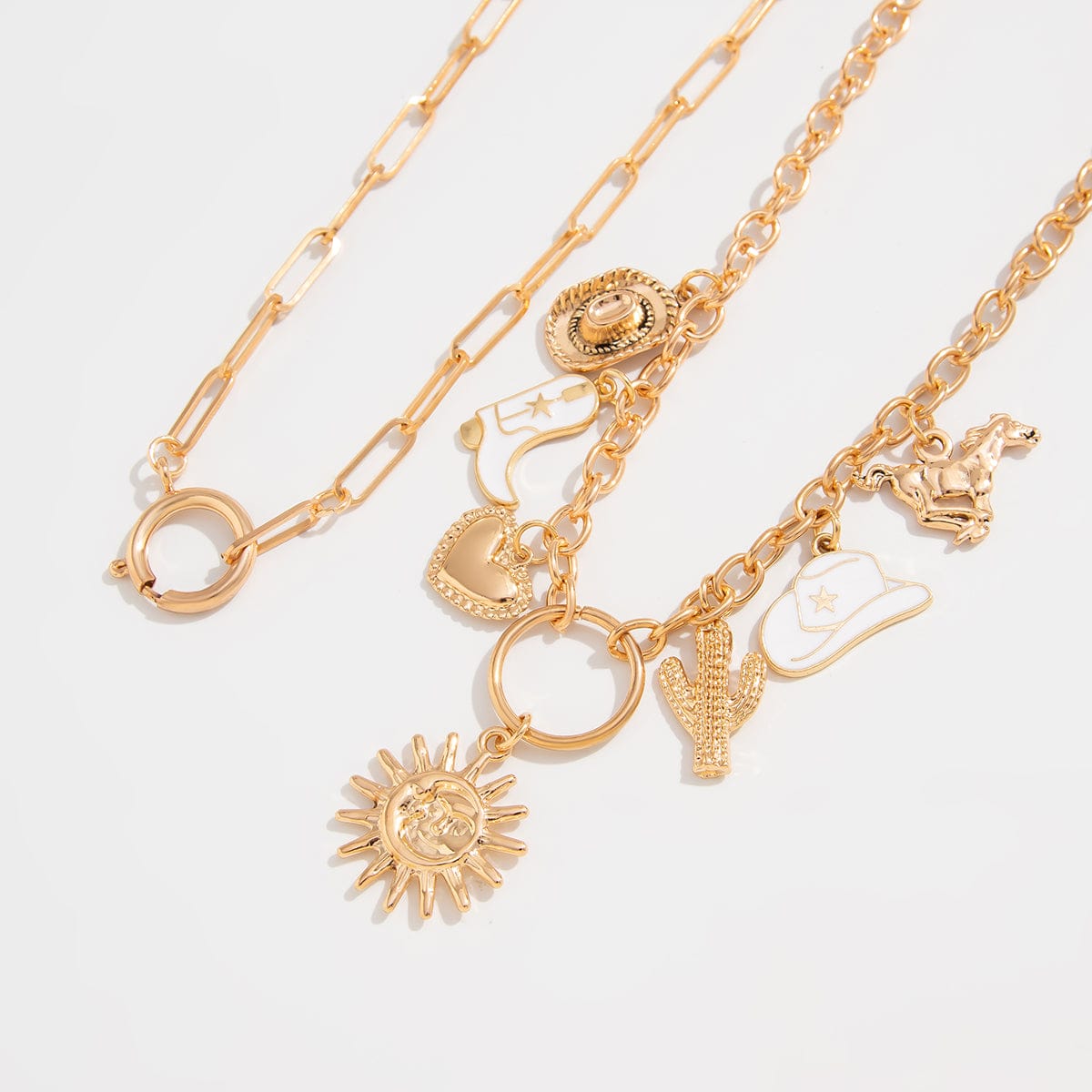 Bohemia 2pcs Gold Tone Sun Enamel Boot Cowboy Hat Charm Necklace Set - ArtGalleryZen