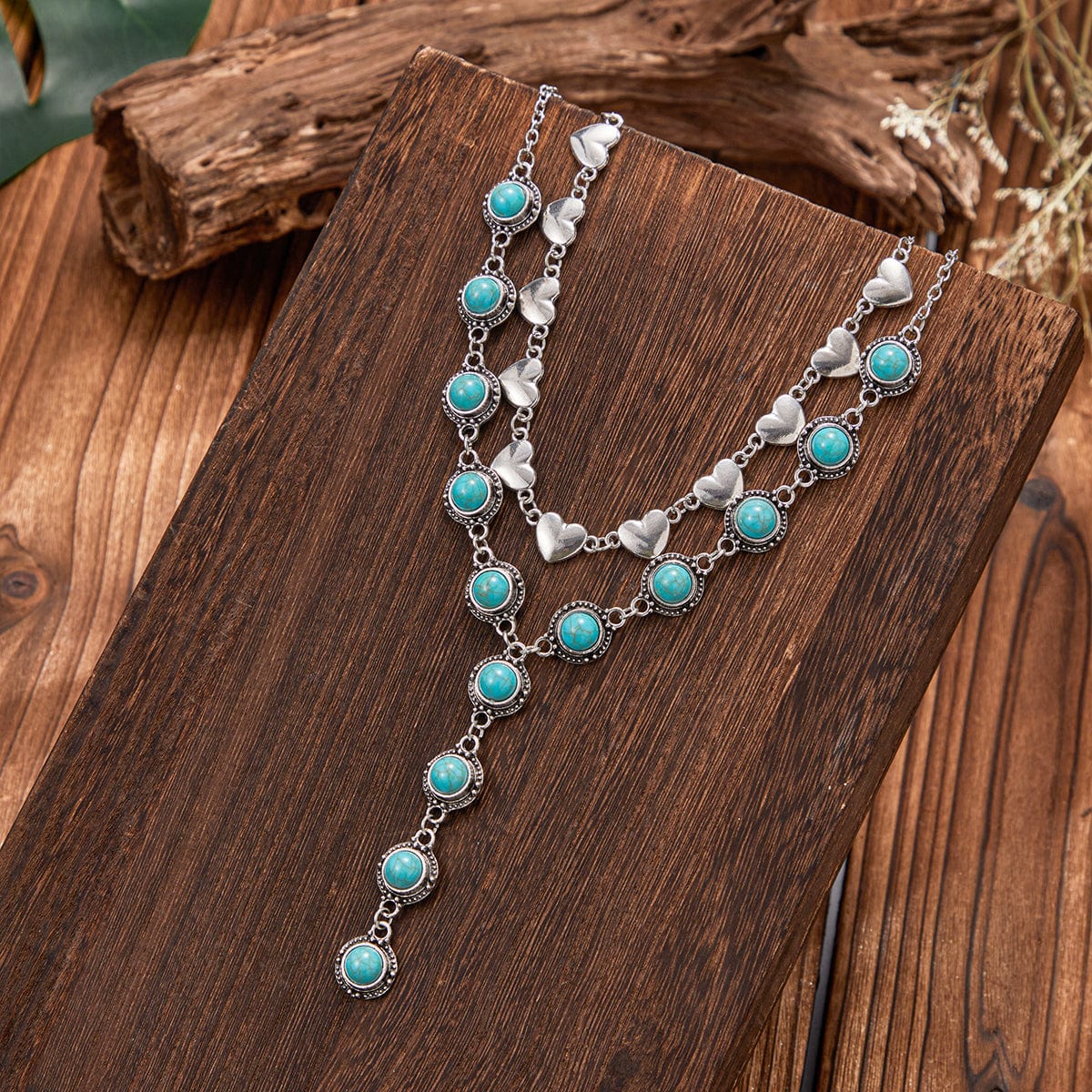 Bohemia 2pcs Turquoise Heart Chain Y Necklace Set - ArtGalleryZen