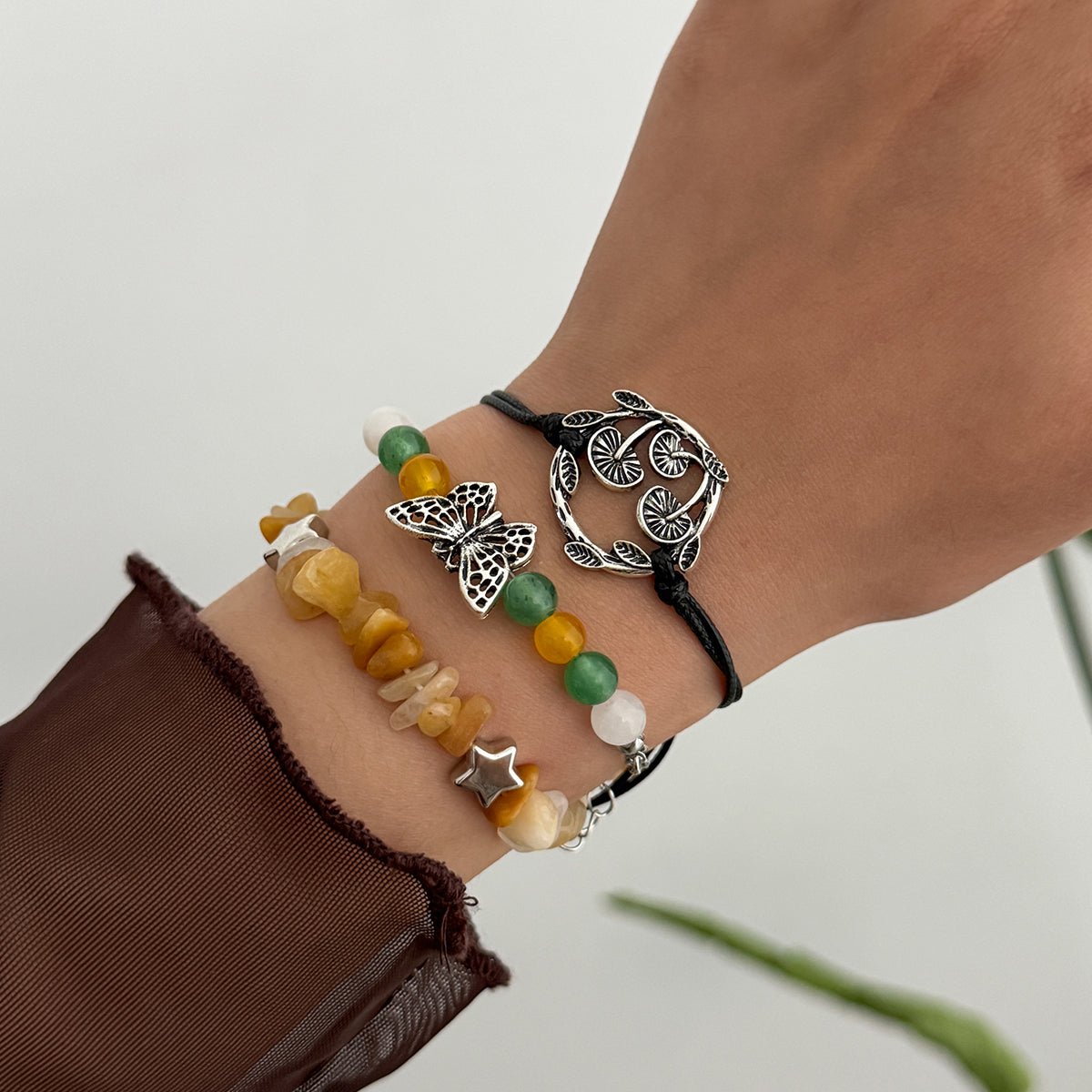 Bohemia 3pcs Butterfly Mushroom Charm Turquoise Stone Bracelet Set - ArtGalleryZen