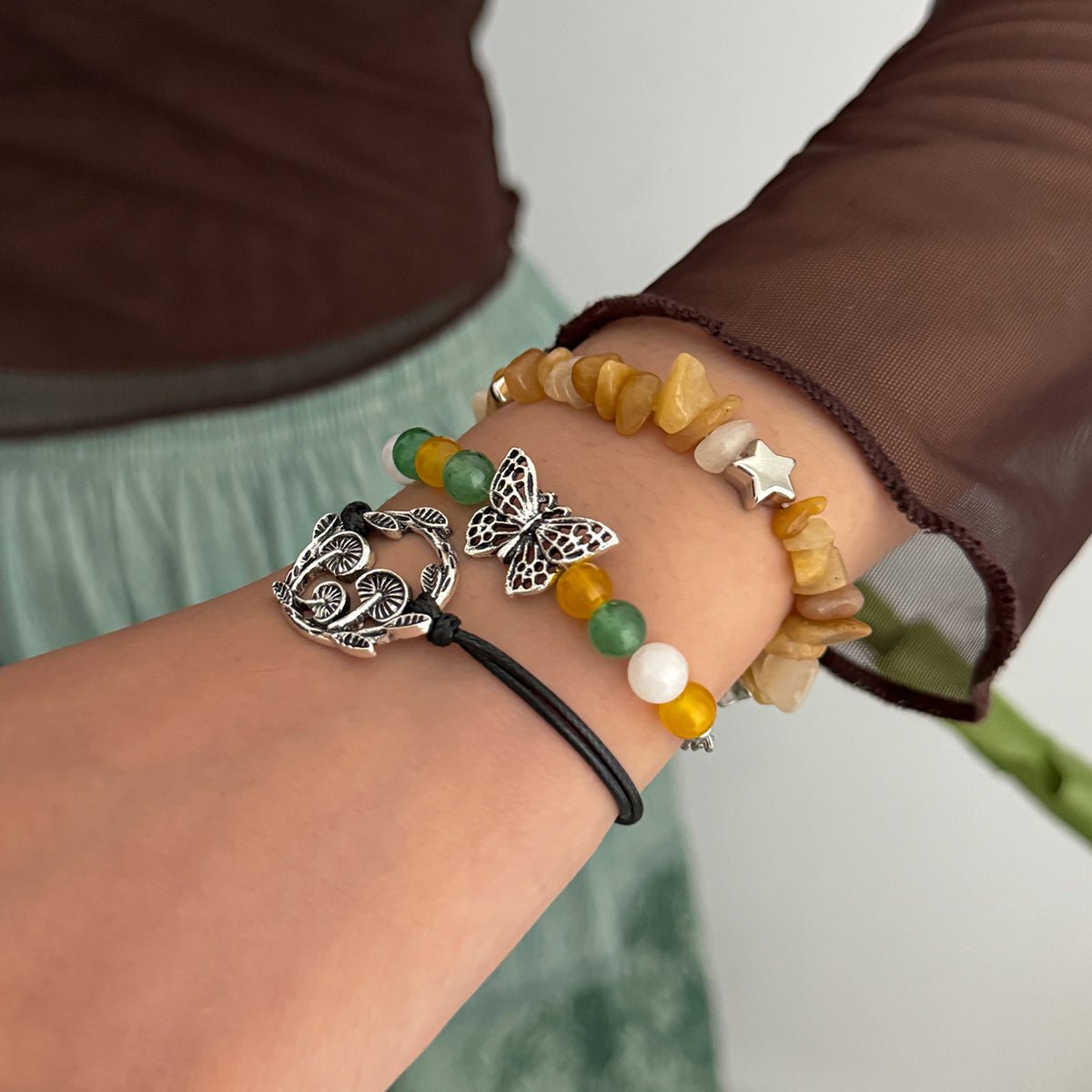 Bohemia 3pcs Butterfly Mushroom Charm Turquoise Stone Bracelet Set - ArtGalleryZen