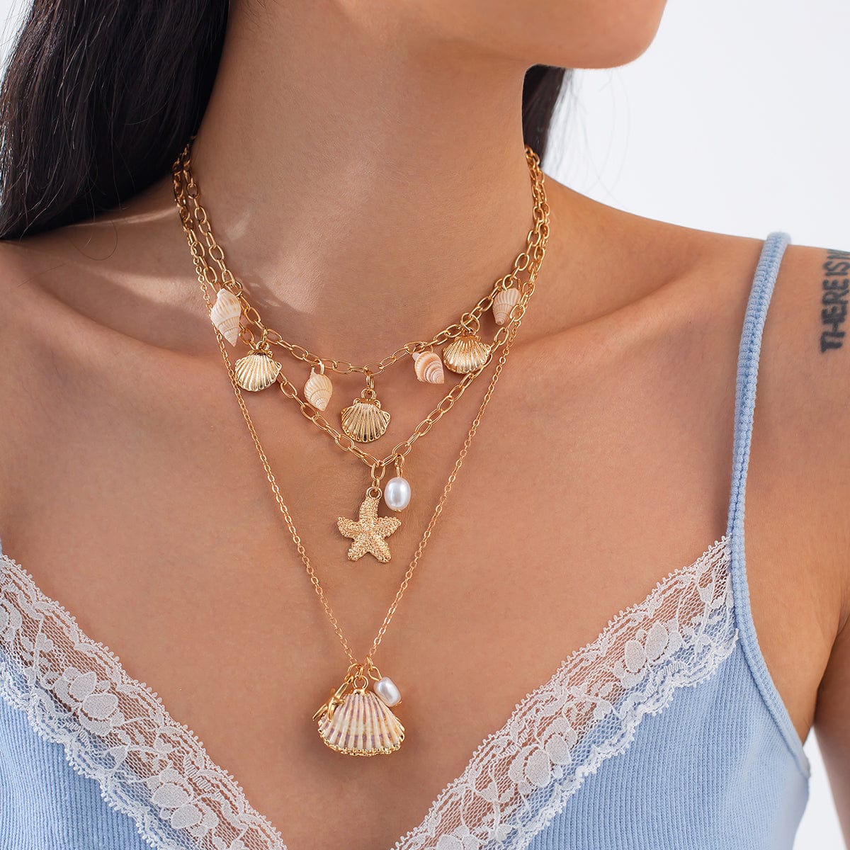 Bohemia 3pcs Conch Shell Starfish Pearl Pendant Necklace Set - ArtGalleryZen