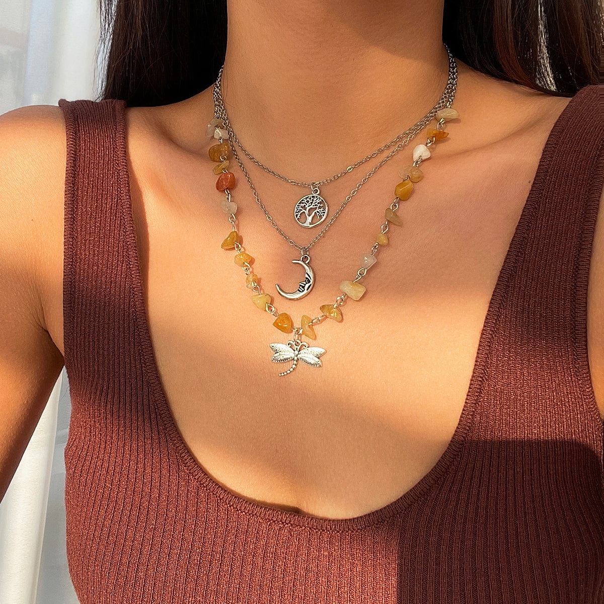 Bohemia 3Pcs Dragonfly Moon Tree Pendant Turquoise Stone Necklace Set - ArtGalleryZen