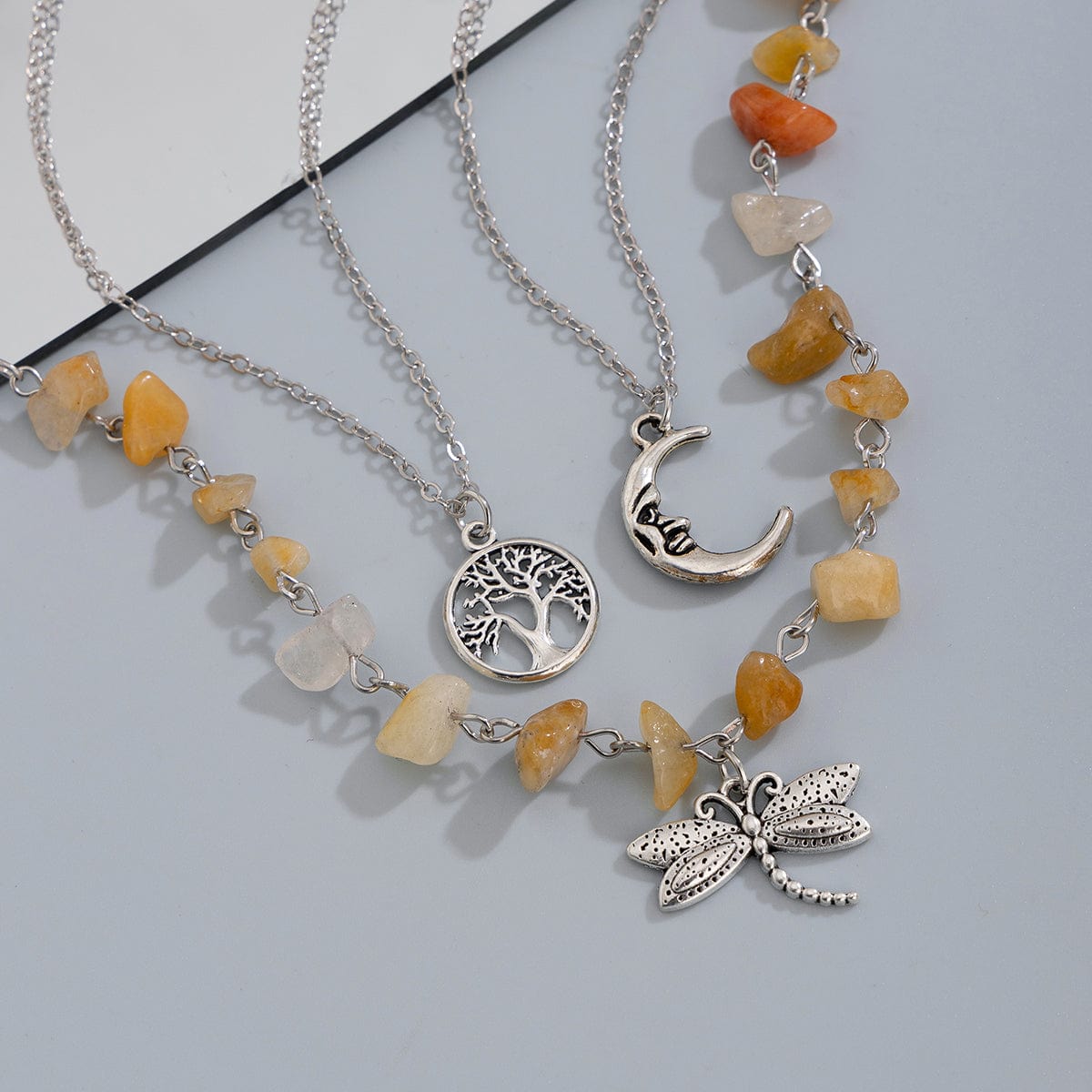 Bohemia 3Pcs Dragonfly Moon Tree Pendant Turquoise Stone Necklace Set - ArtGalleryZen