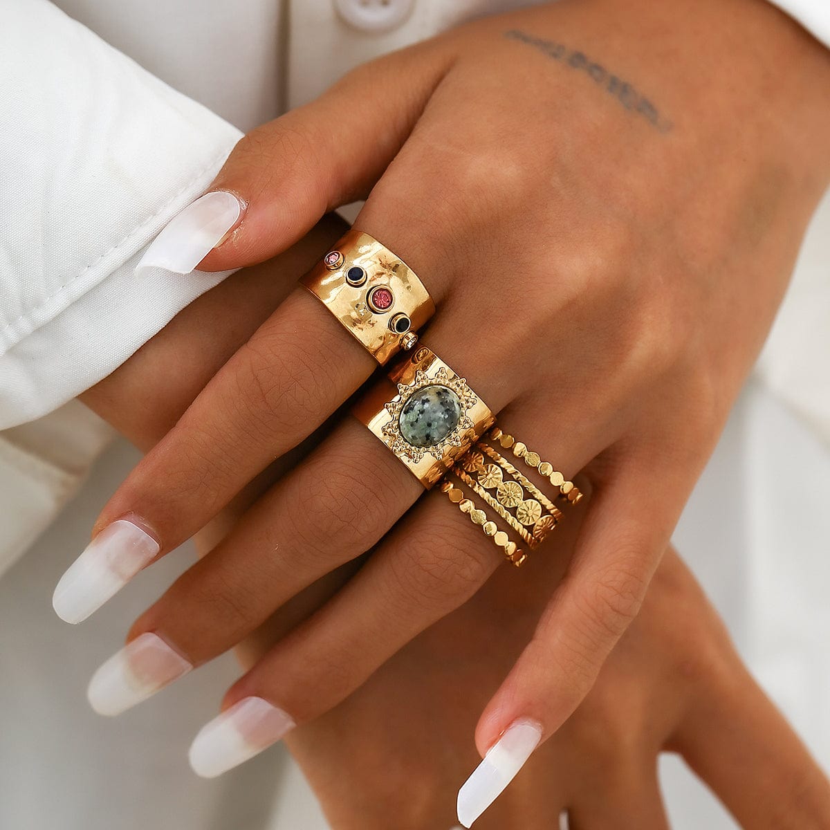 Bohemia 3pcs Natural Stone Inlaid Hollow Wide Open Ring Set - ArtGalleryZen