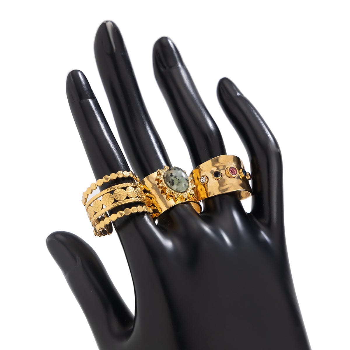 Bohemia 3pcs Natural Stone Inlaid Hollow Wide Open Ring Set - ArtGalleryZen